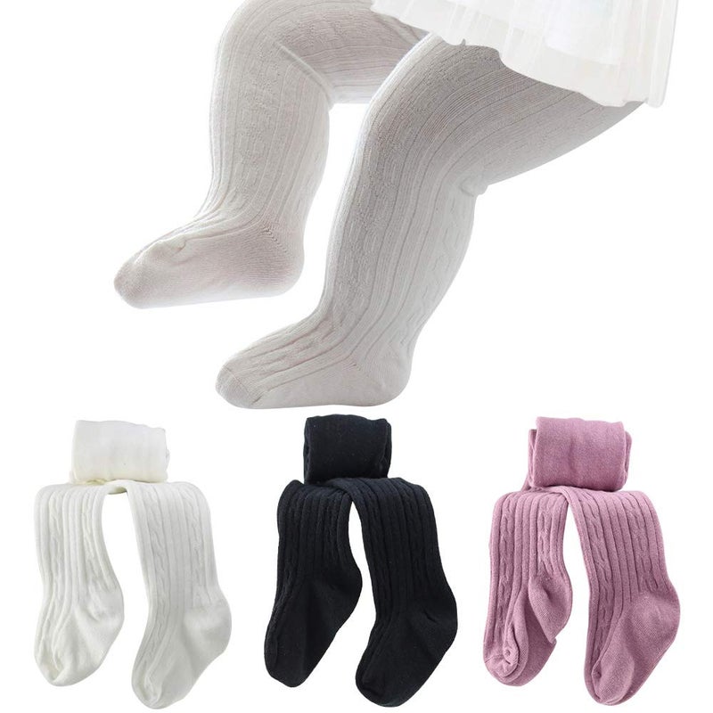 techcity Baby Girls Tights Toddler Seamless Leggings Cable Knit Cotton Pants Stockings (Pack of 3) (3 Pack Black White Purple, 2-4 Years) - Image 2